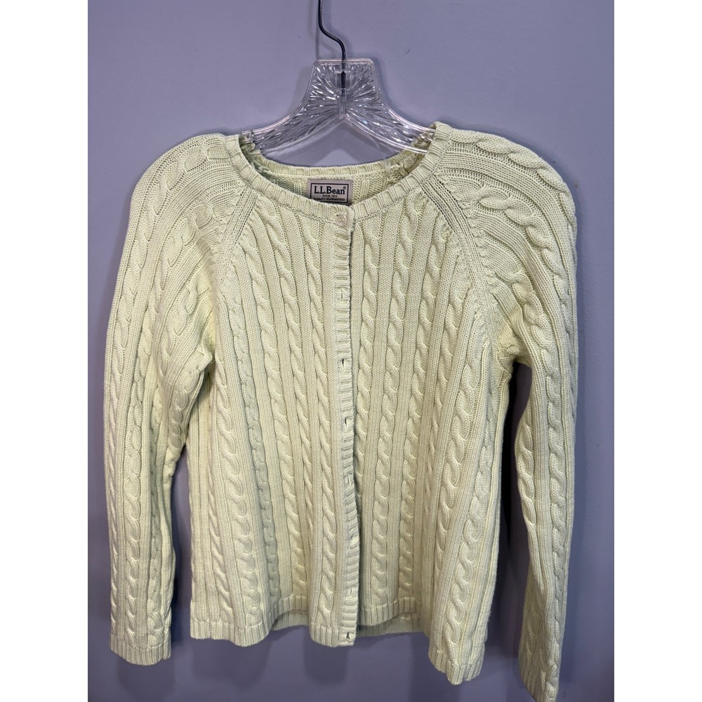 LL Bean Womens Medium Pale‎ green Cable Knit Cotton Button Front Cardigan Sweate